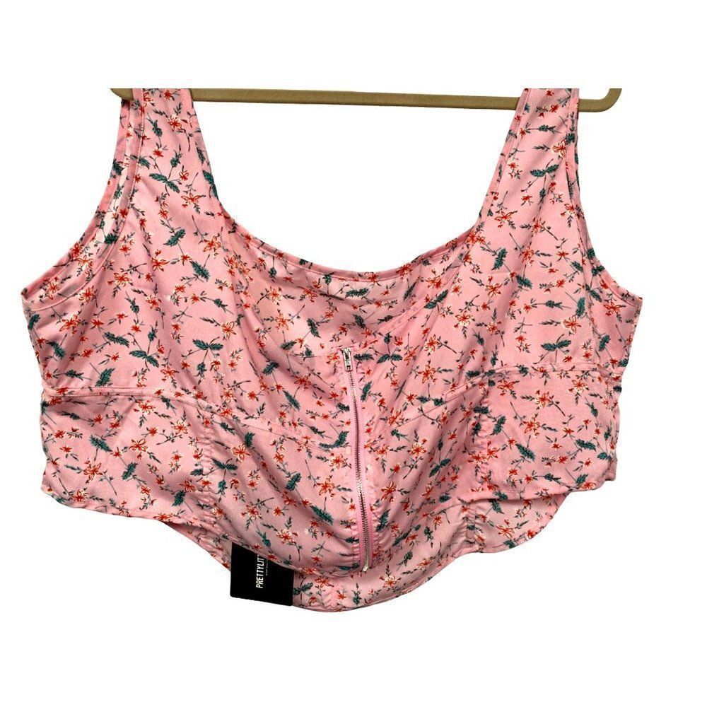 Pretty Little Things Zip Front Pink Floral Crop Top Sz 22 Seam Front Detail NEW